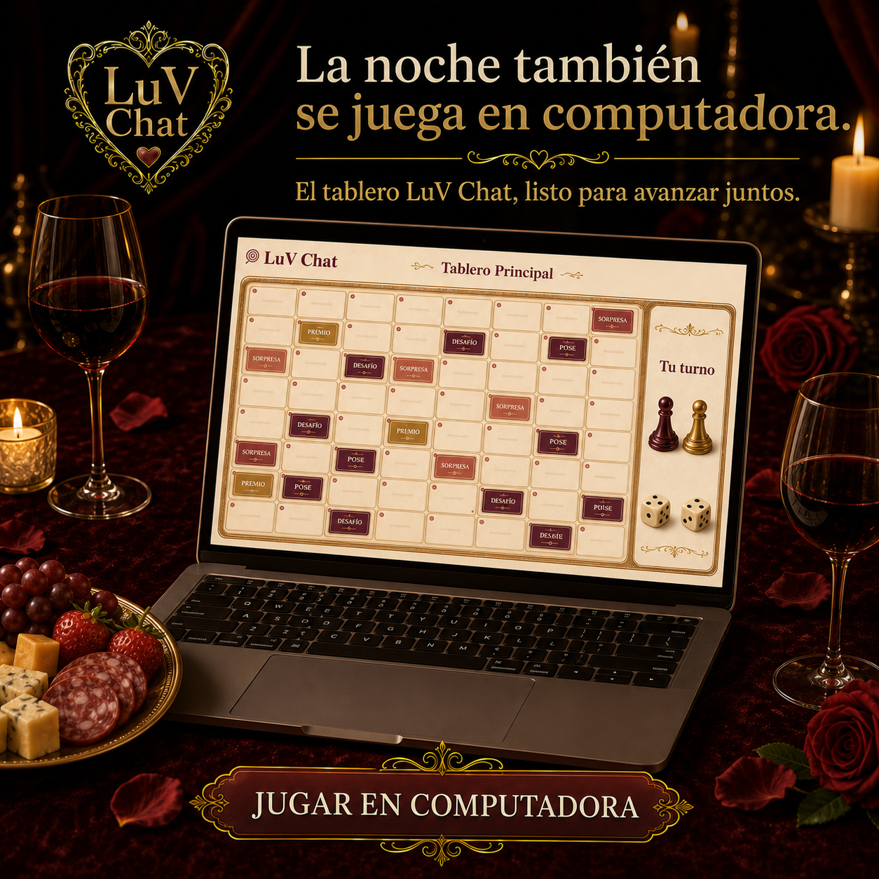 Una laptop muestra el tablero digital de LuV Chat en una mesa con velas y rosas